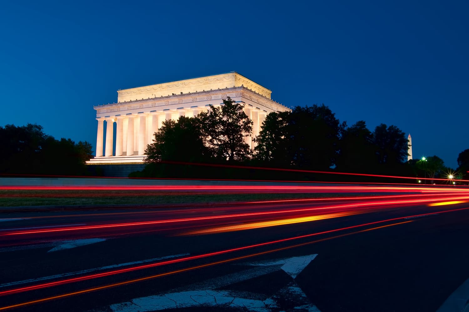 The Lincoln Memorial from the east, showing Henry Bacon's Greek temple and its 36 columns above the steps, facing the Reflecting Pool and the Washington Monument