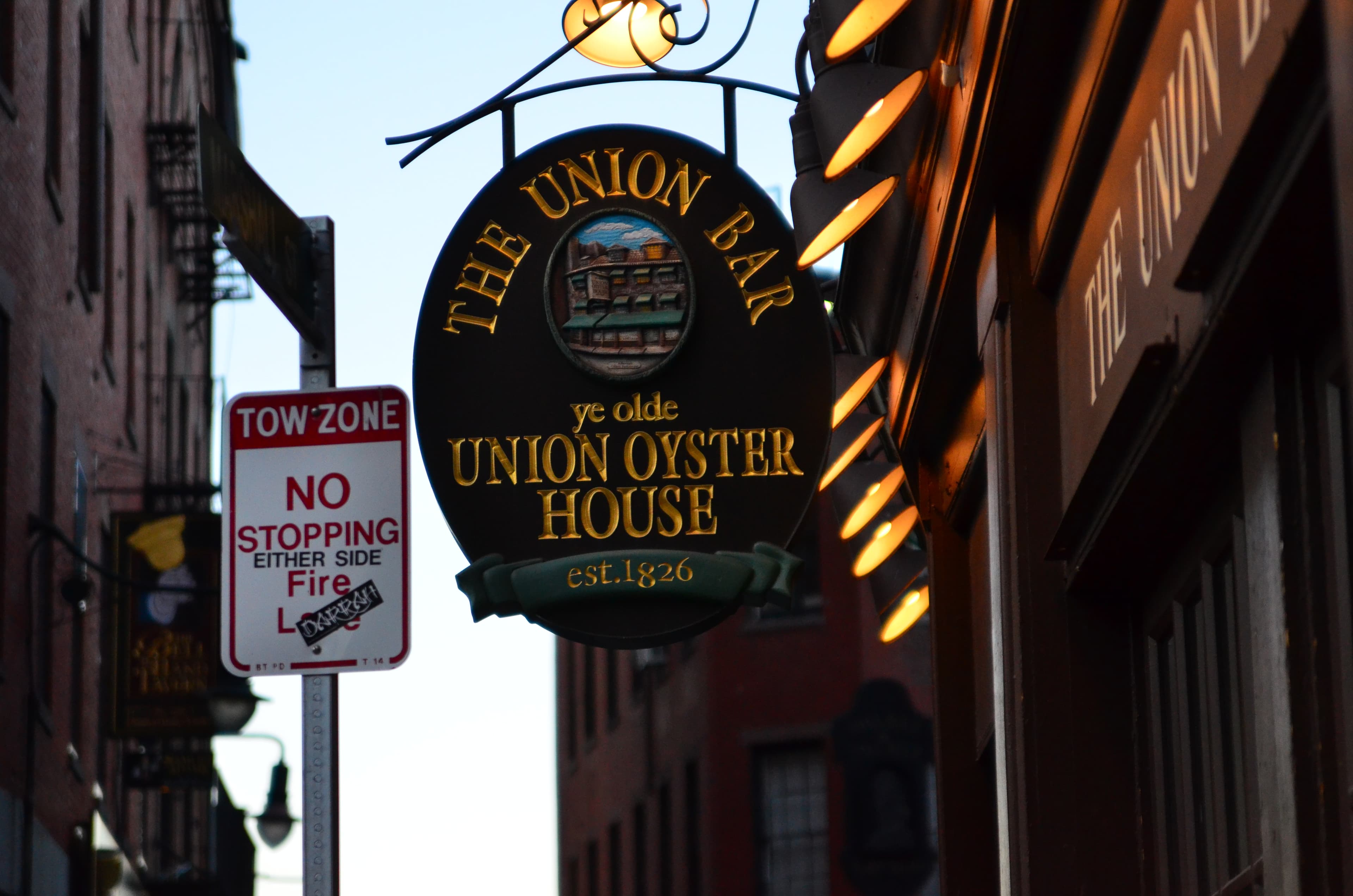 The Union Oyster House from Union Street — the c. 1716 brick building, in the Blackstone Block, that has housed the restaurant since 1826.