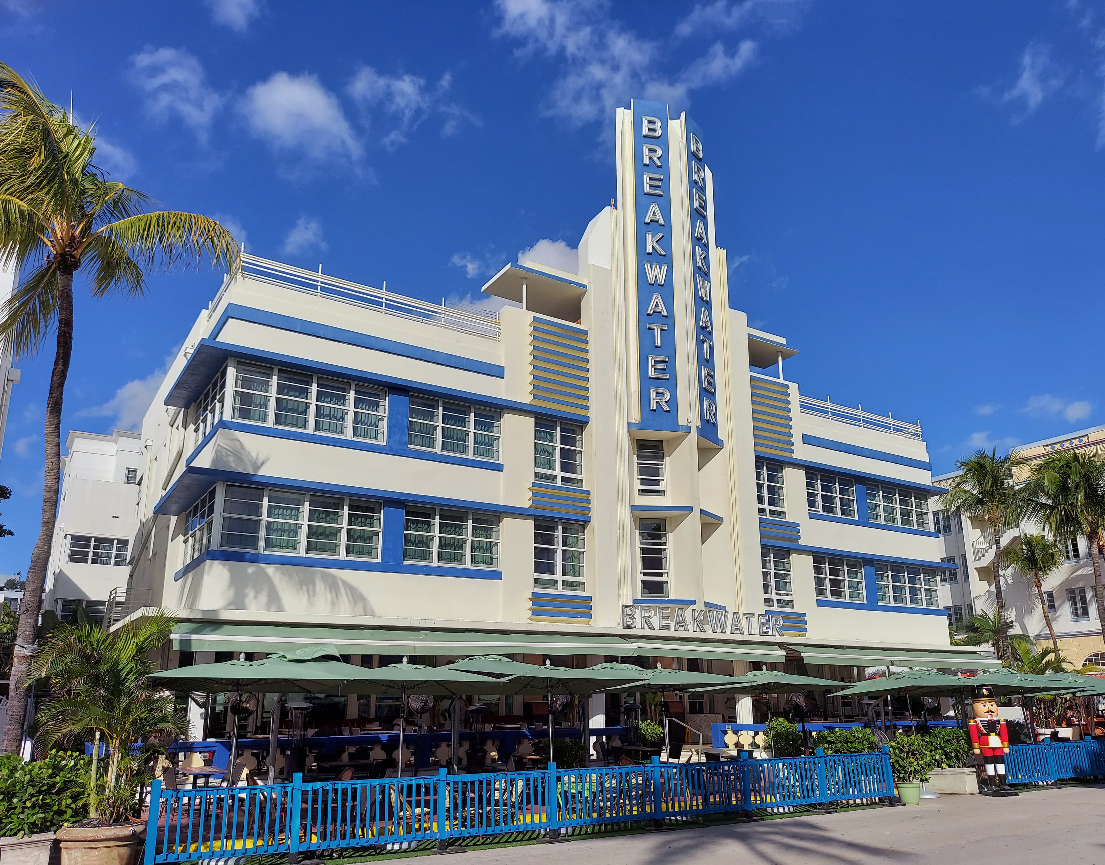 The Breakwater Hotel on Ocean Drive, its central sign tower rising like a ship's funnel