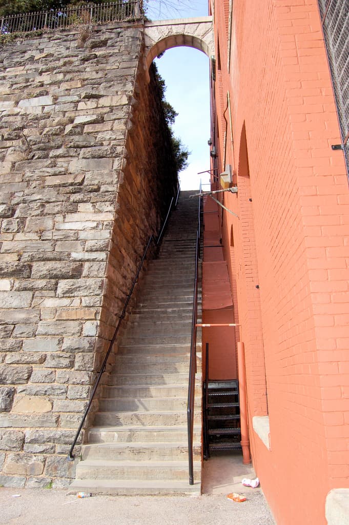 The Exorcist steps between Prospect Street and Canal Road in Georgetown, beside the Georgetown Car Barn — the flight Father Karras tumbles down in the 1973 film.