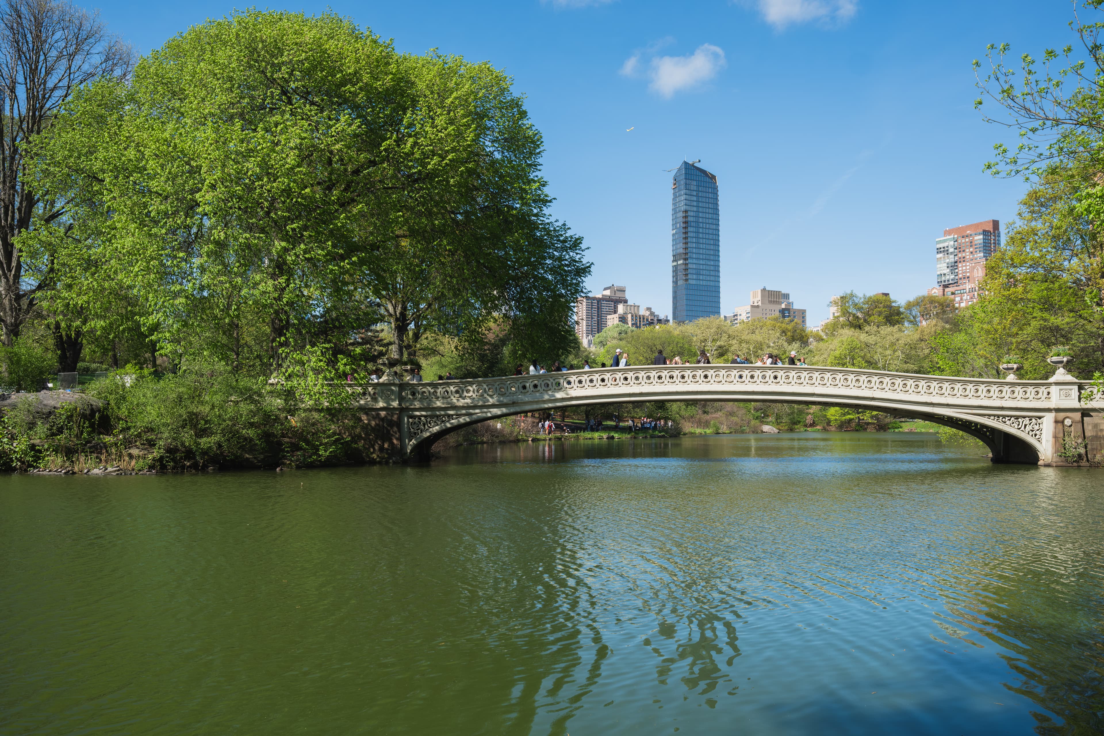Photo: Christian David, CC BY-SA 4.0, via Wikimedia Commons. Bow Bridge spanning the Lake, with the Central Park South skyline rising beyond the trees.