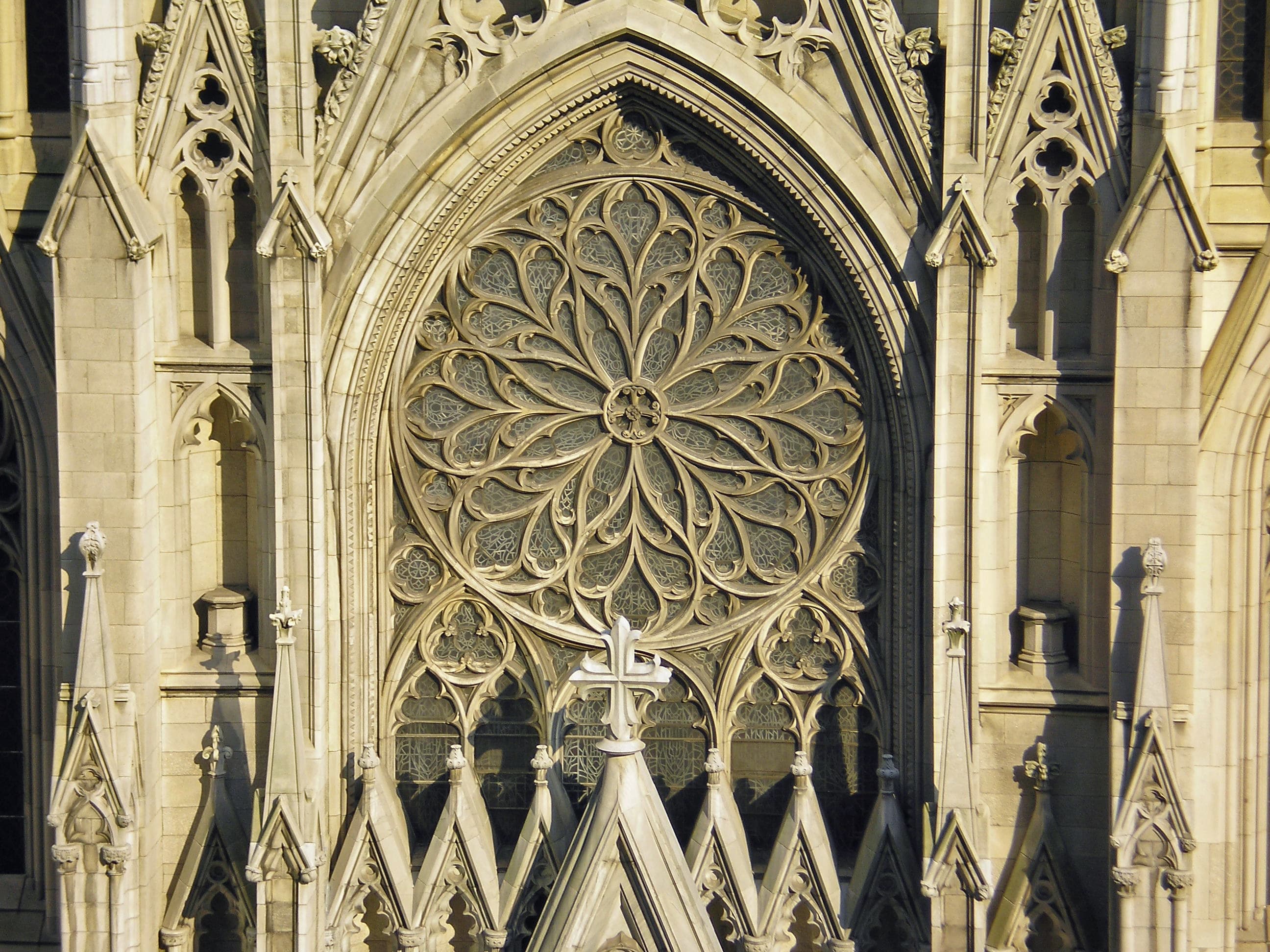A close view of the cathedral's Fifth Avenue facade and rose window
