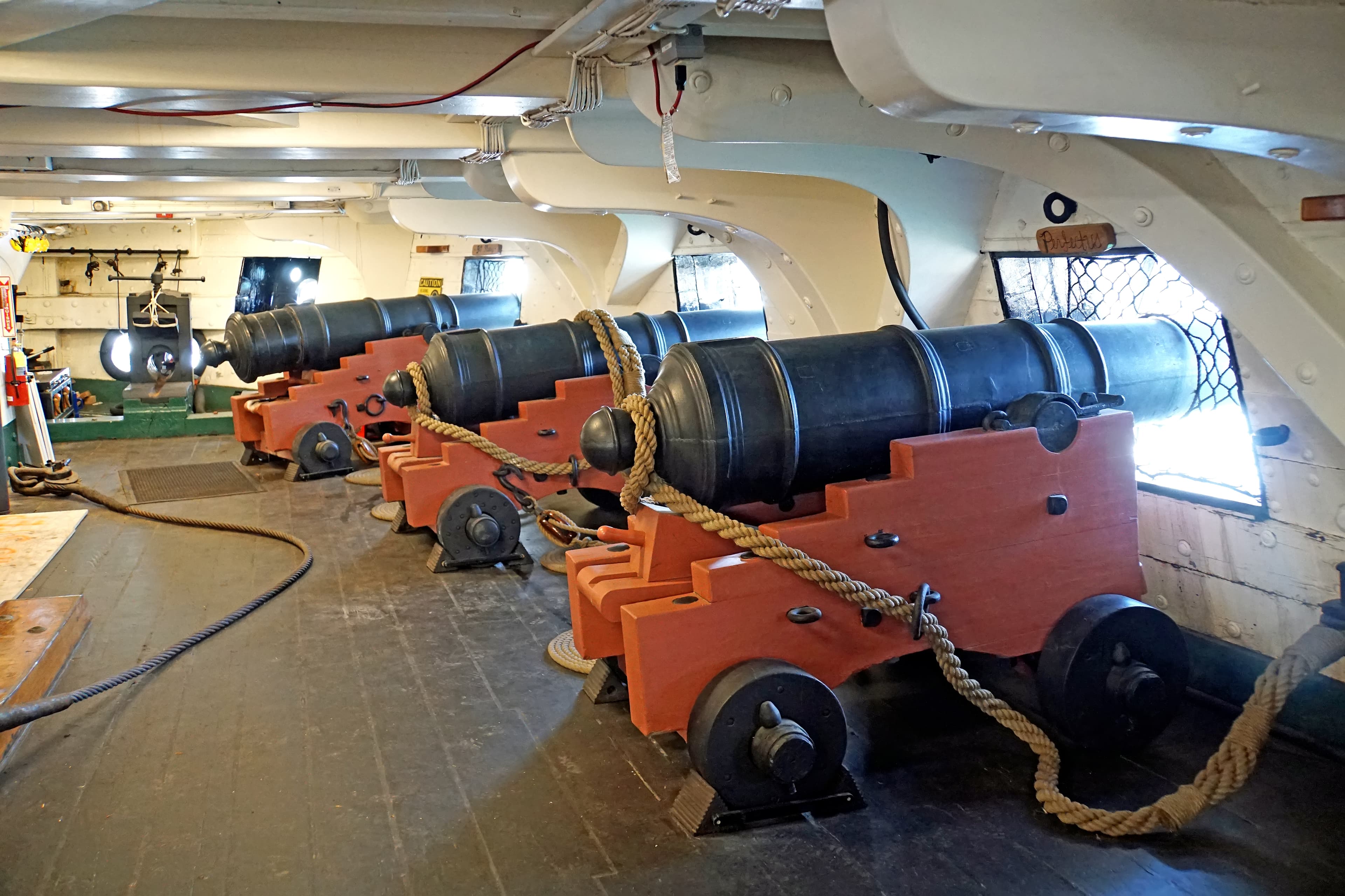 Constitution's gun deck with long guns run out along both sides
