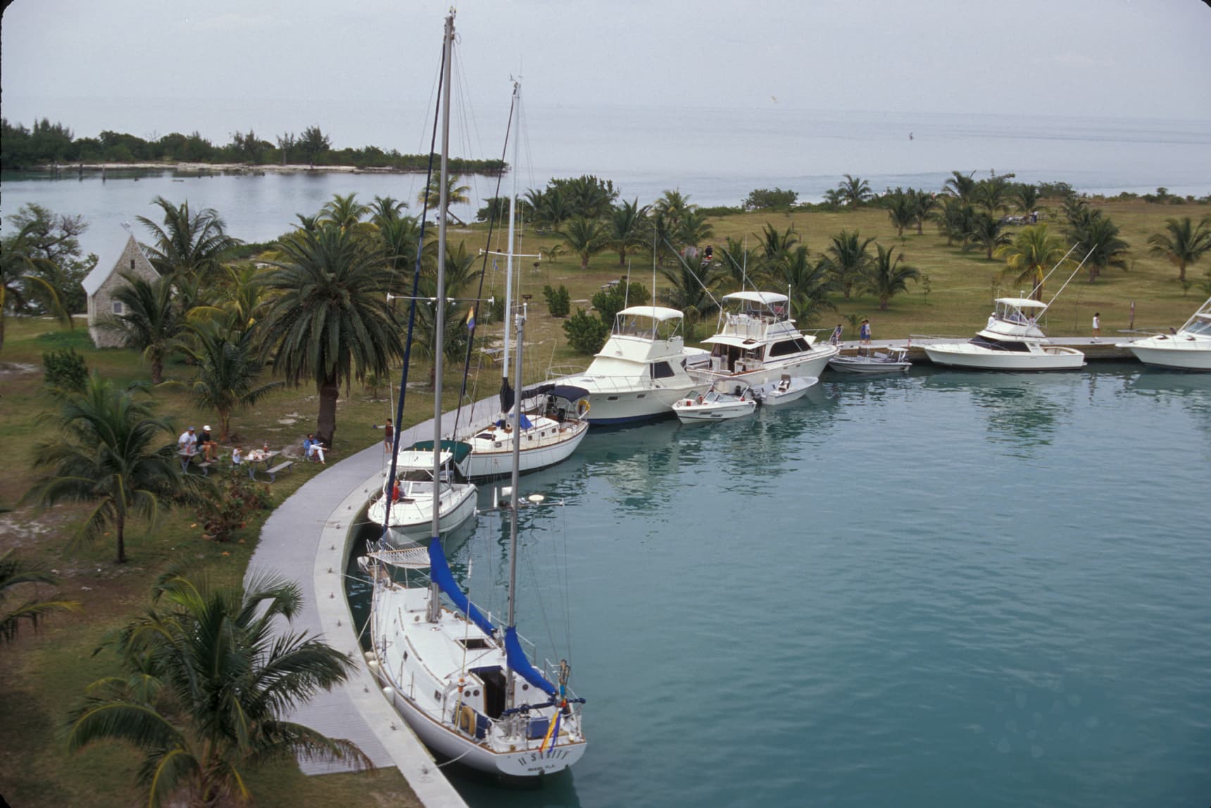 The harbor at Boca Chita Key in Biscayne National Park, with the island's lighthouse visible — a view of the park's best-known island harbor.