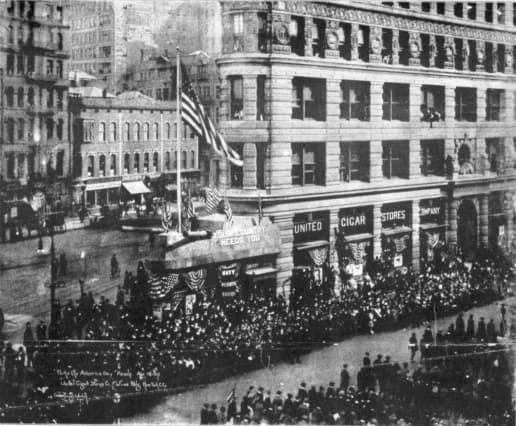 A Navy recruiting station in the building's cowcatcher prow during the Wake Up America Day parade, April 19, 1917 — a historic image