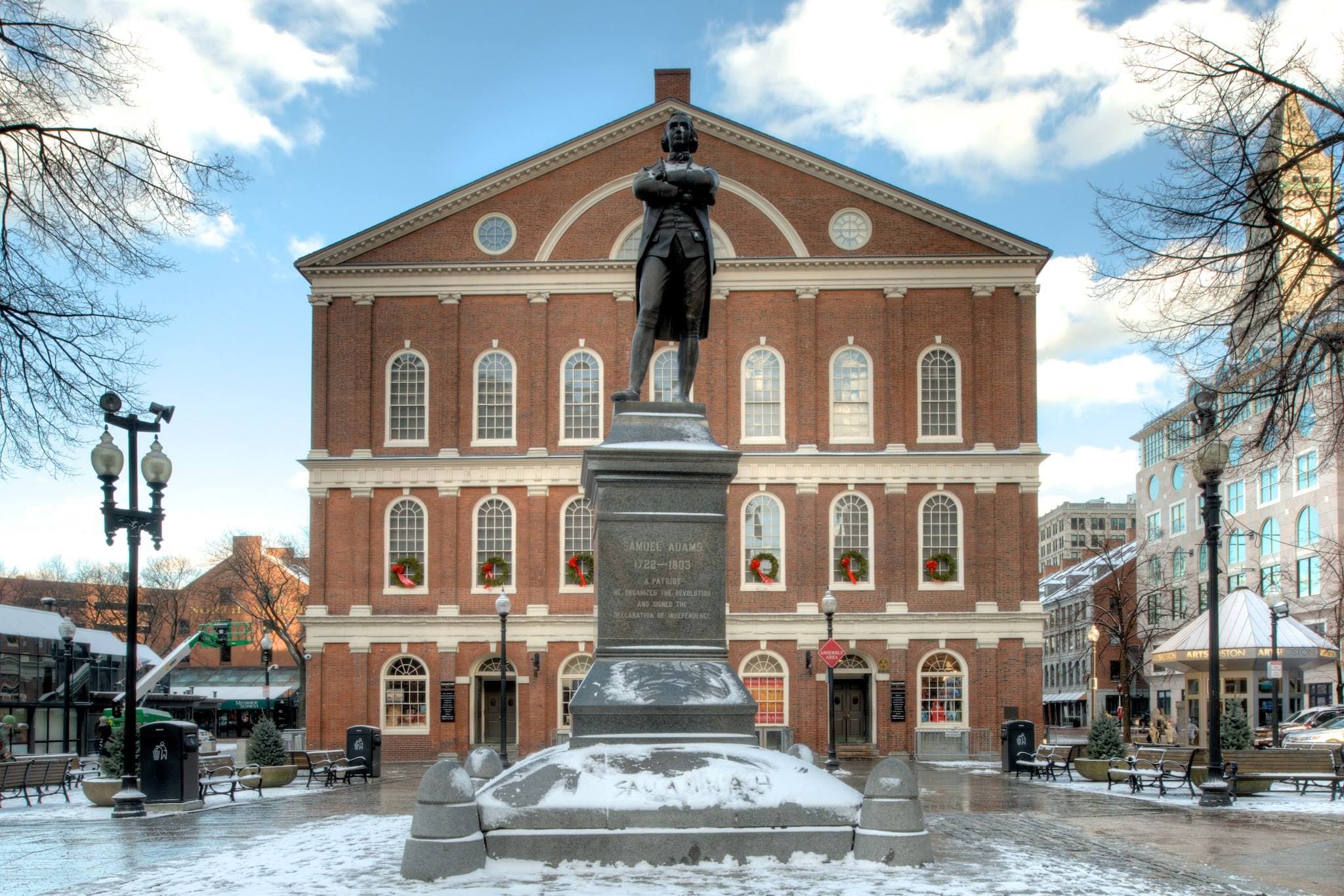 Faneuil Hall's brick exterior and cupola at Dock Square, Boston.