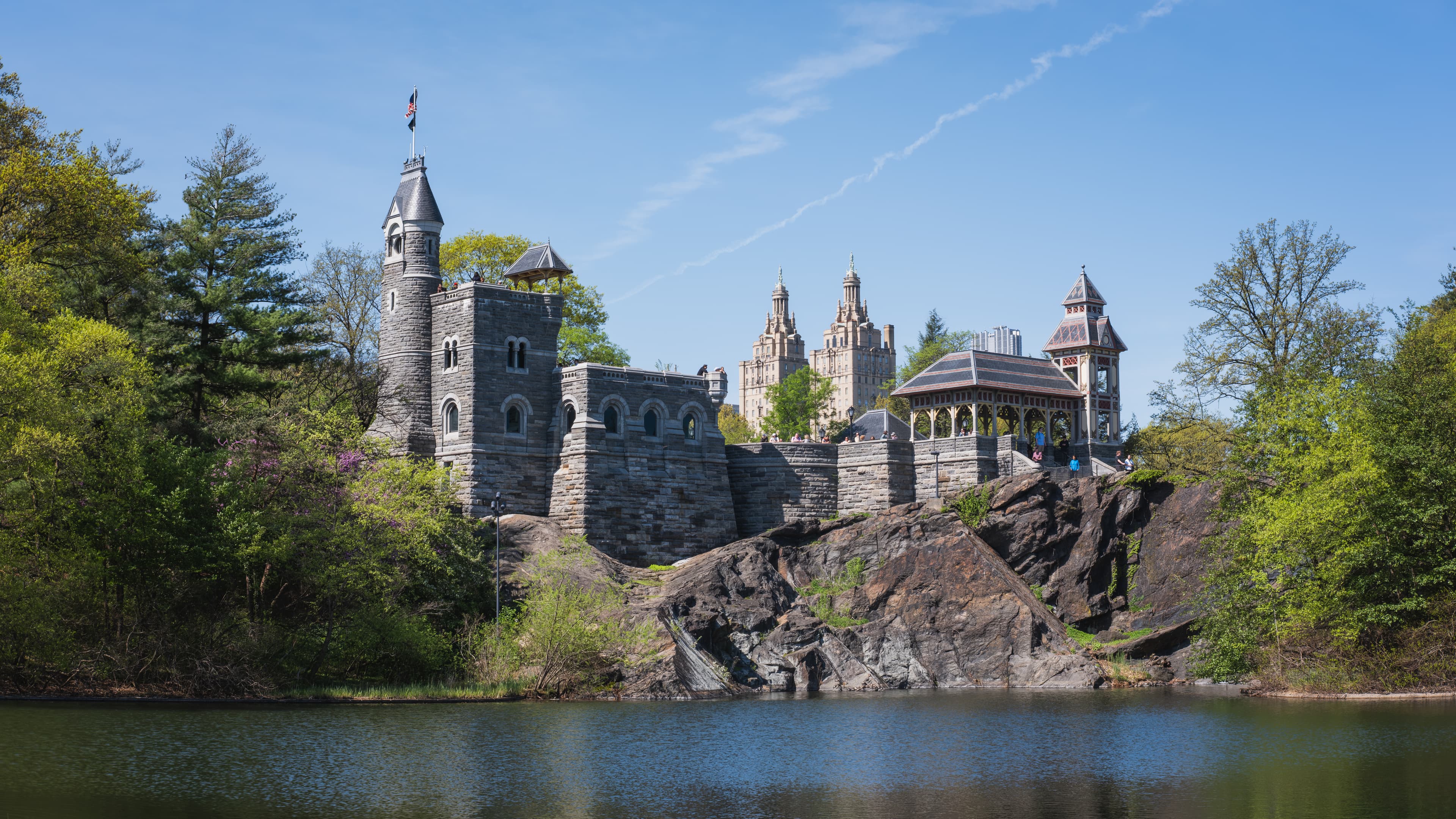 Photo: Christian David, CC BY-SA 4.0, via Wikimedia Commons. Belvedere Castle above Turtle Pond, viewed from the Ramble's edge.