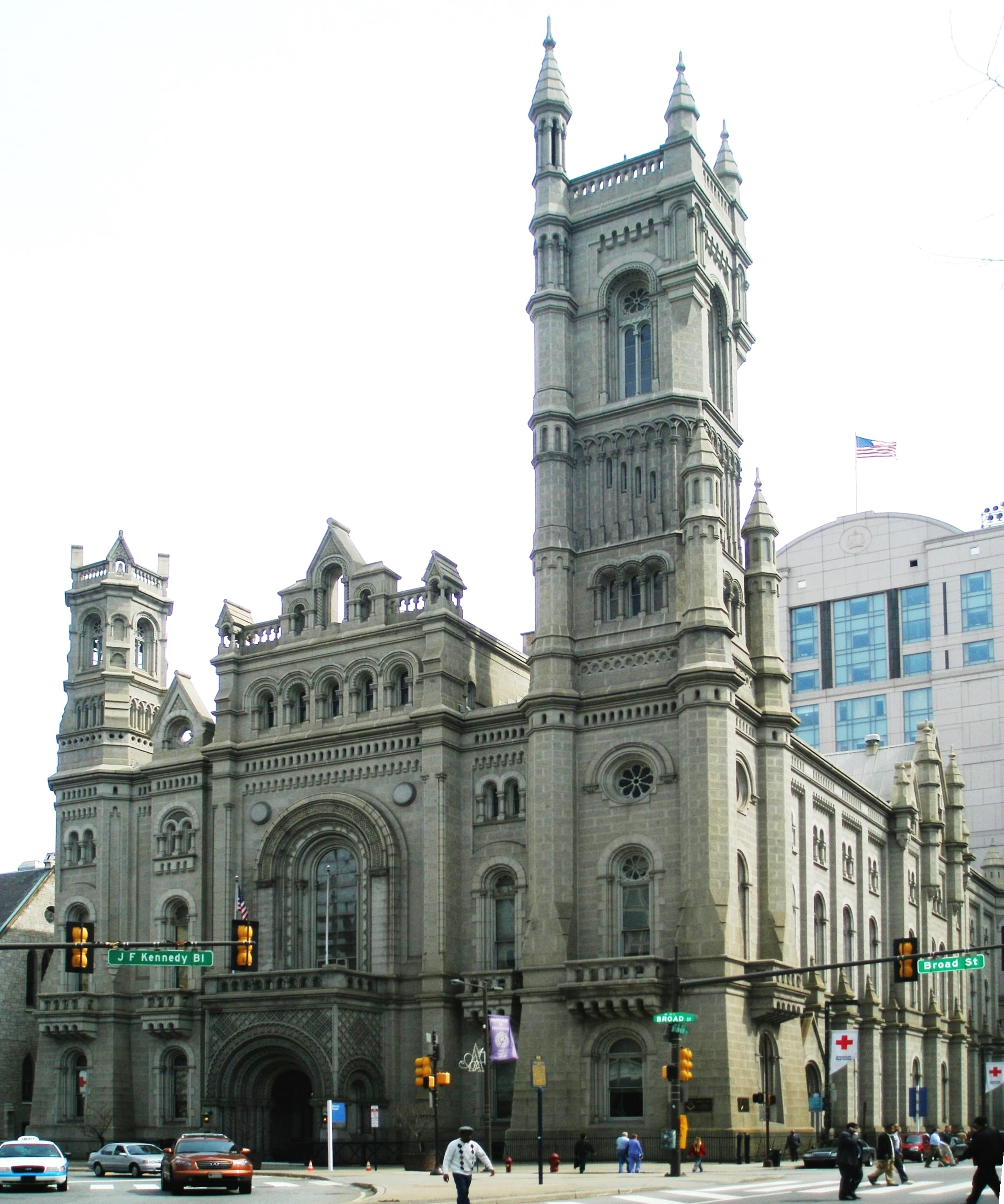 The Masonic Temple's Norman Revival granite facade on Broad Street.
