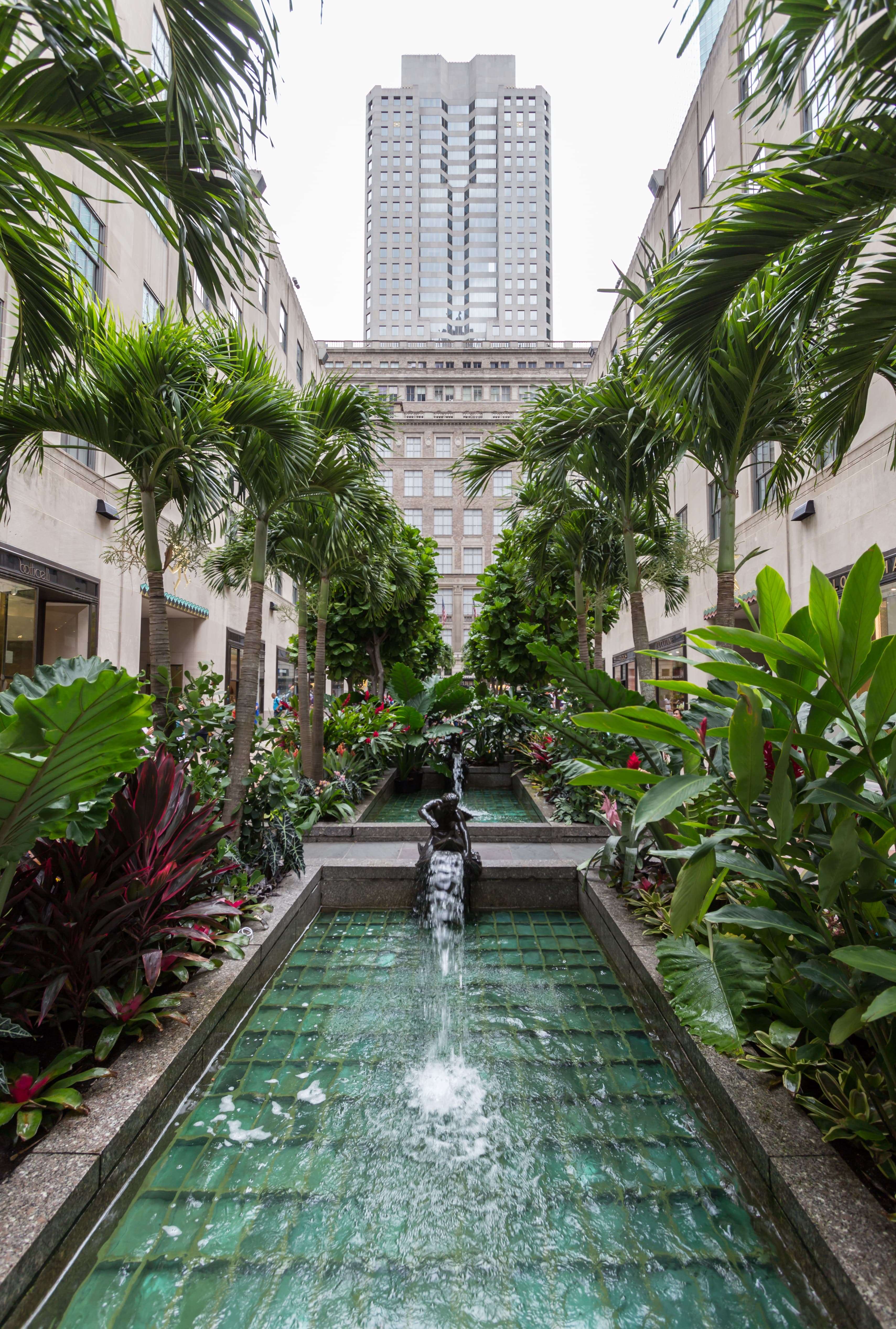 Rockefeller Center and its plaza fountain, photographed in July 2012.