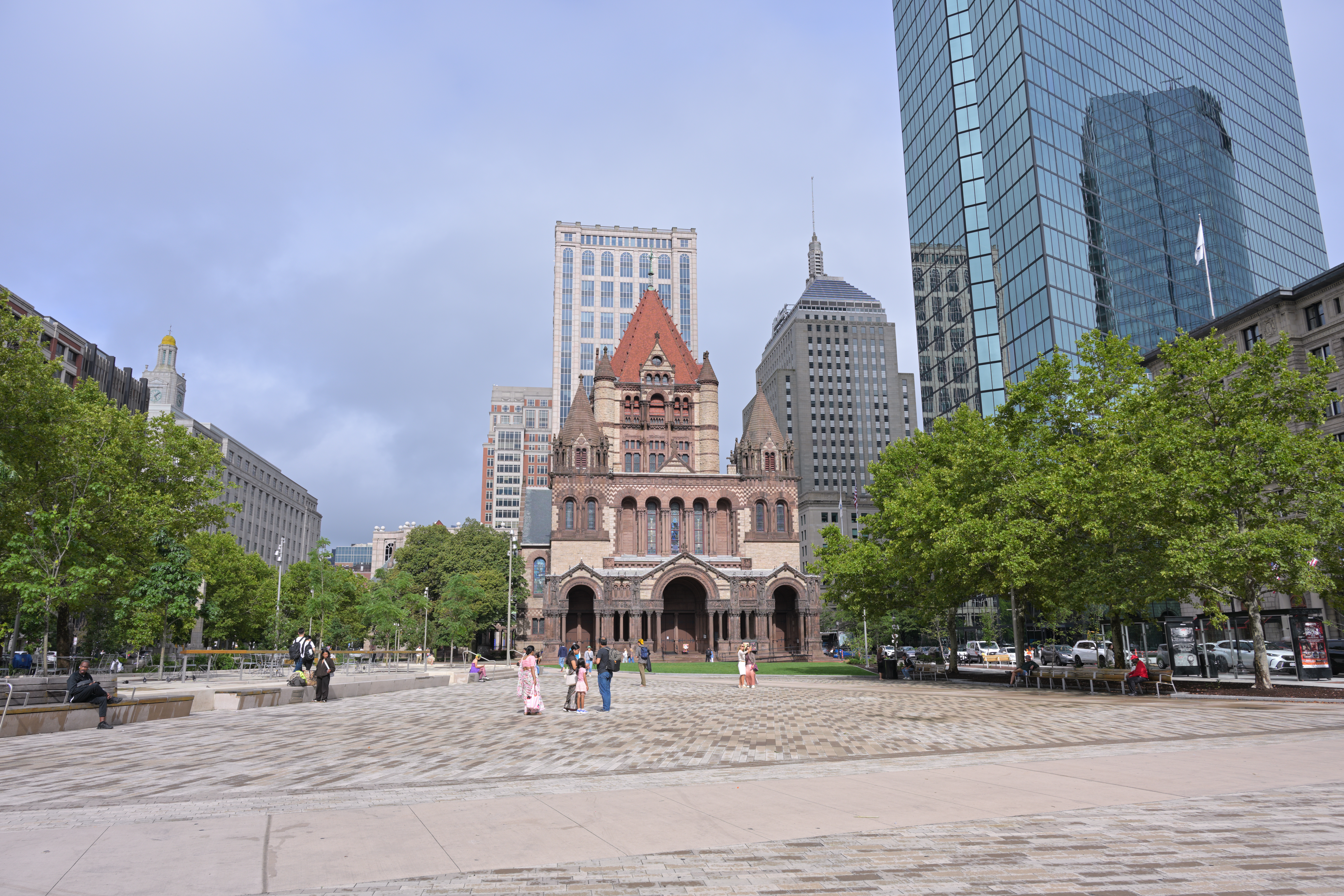 Looking east at Trinity Church from Copley Square Park