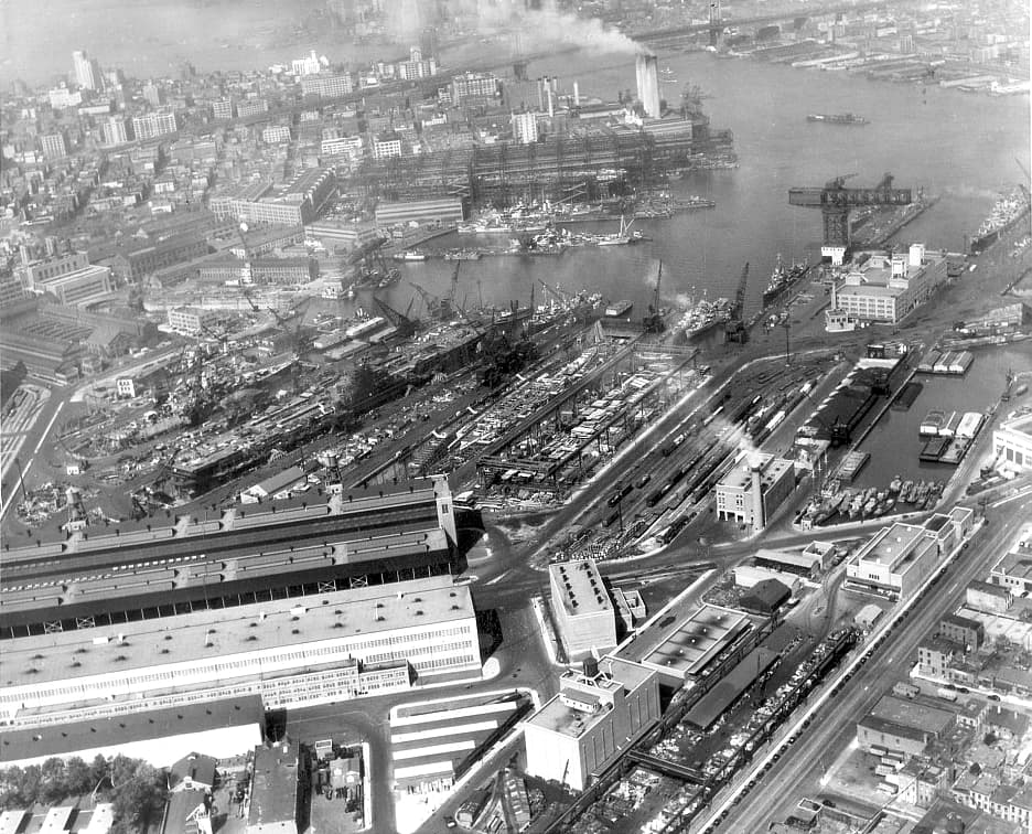 An aerial view of the Brooklyn Navy Yard in April 1945, at the height of its wartime shipbuilding.