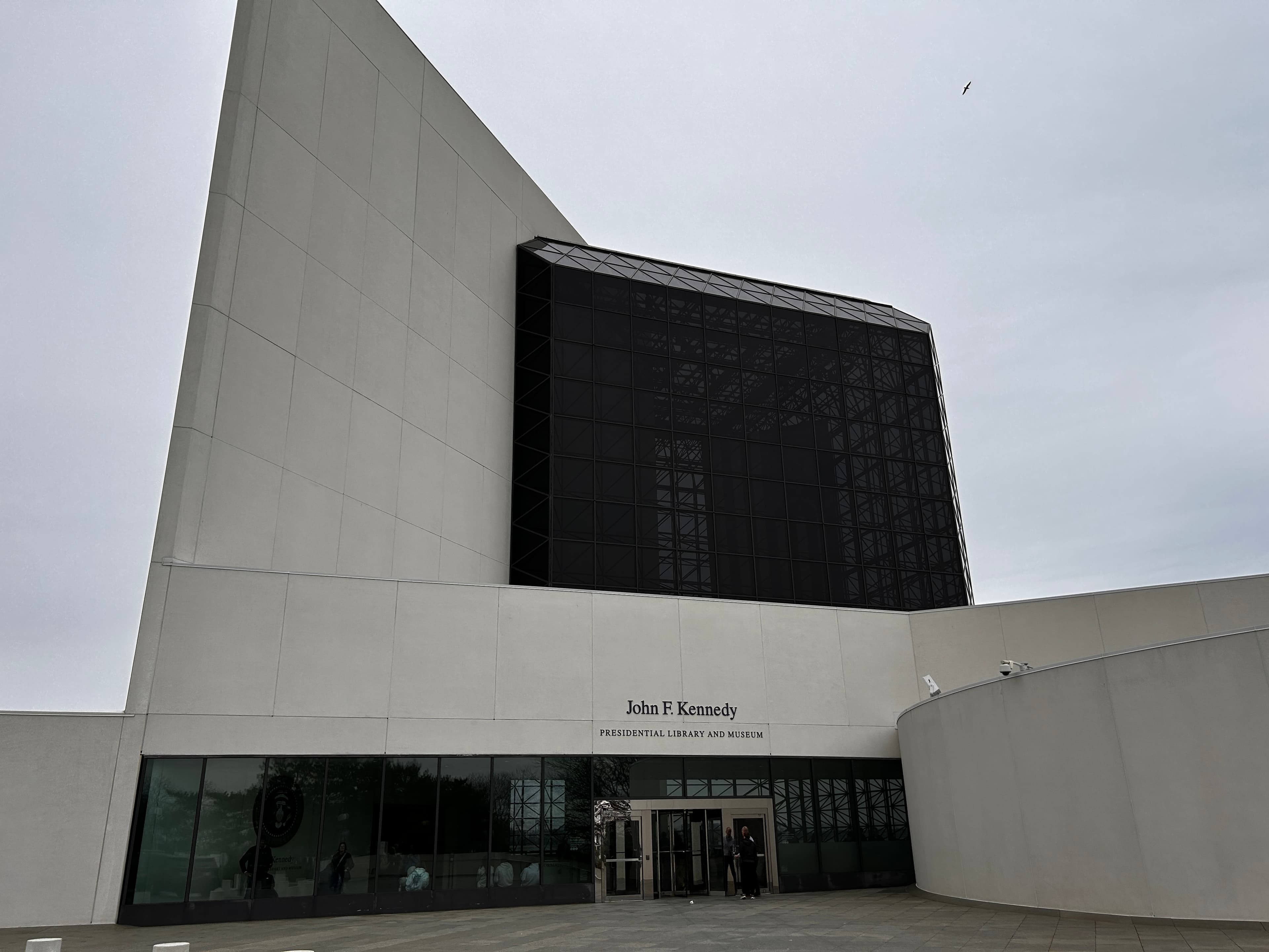 The exterior of the John F. Kennedy Presidential Library and Museum on Columbia Point, photographed in April 2023.
