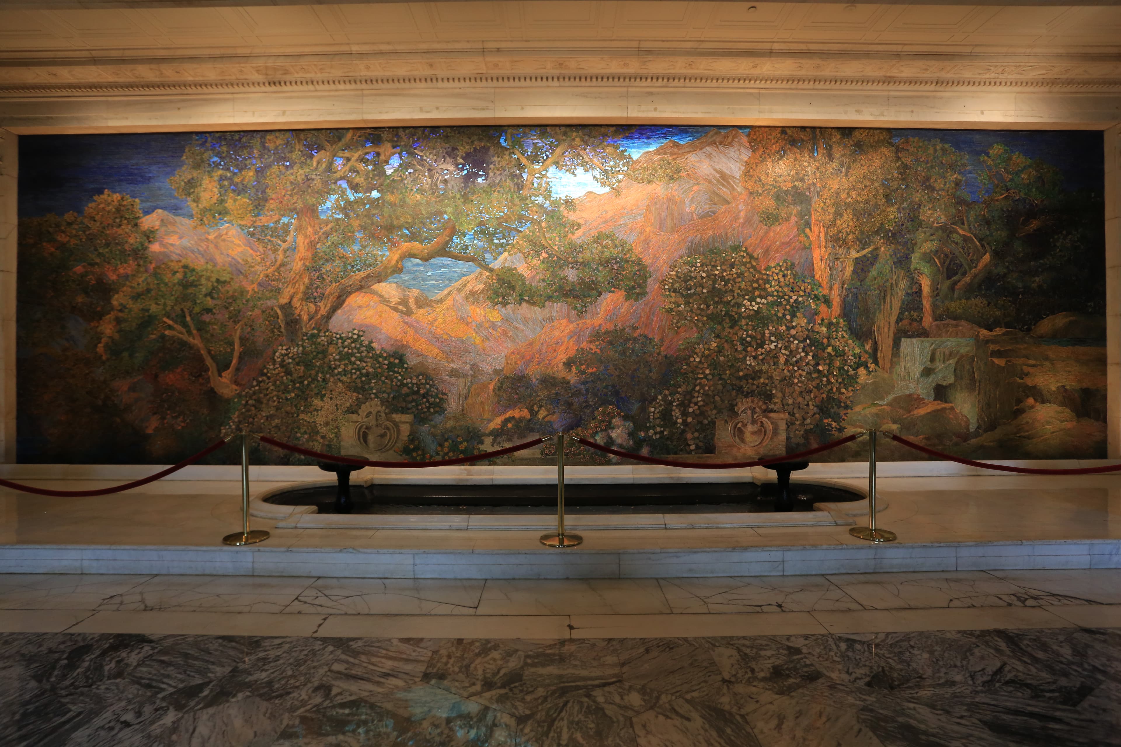 The Dream Garden in the Curtis Building lobby — Parrish's garden landscape rendered in more than 100,000 pieces of Tiffany Favrile glass