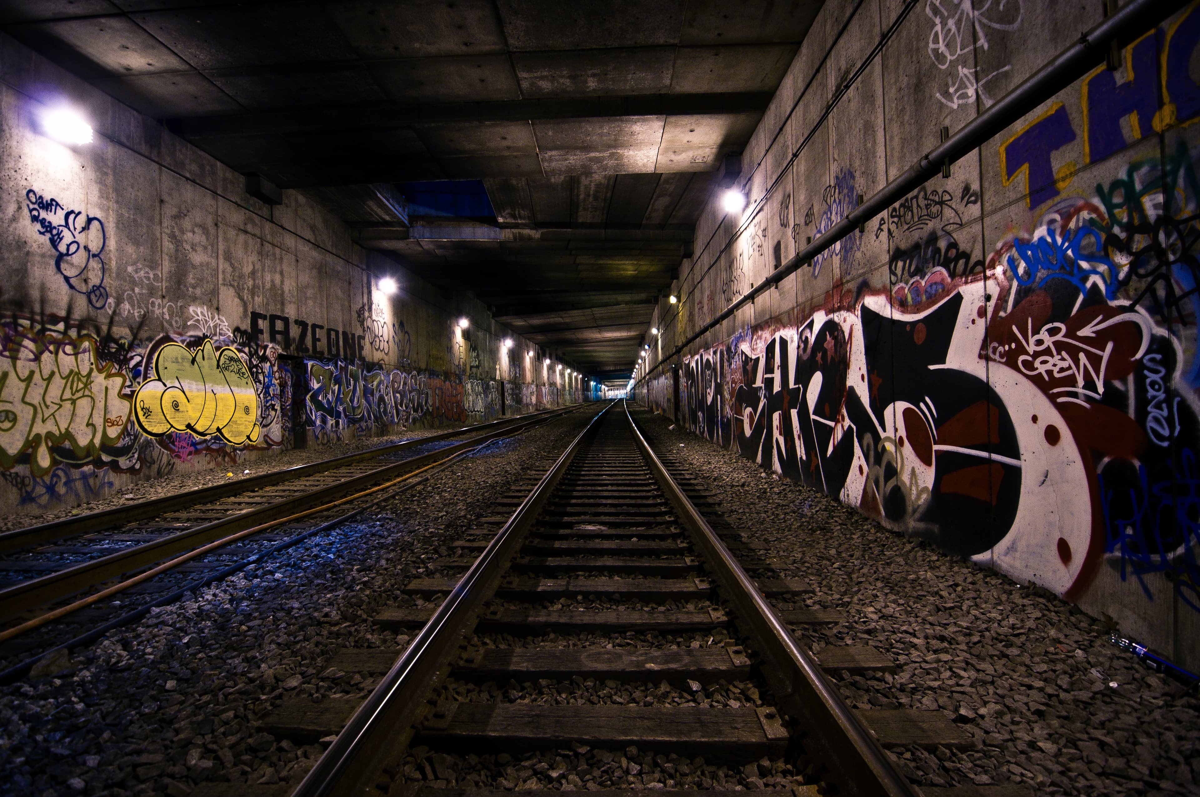 Graffiti-covered walls inside the Freedom Tunnel under Riverside Park