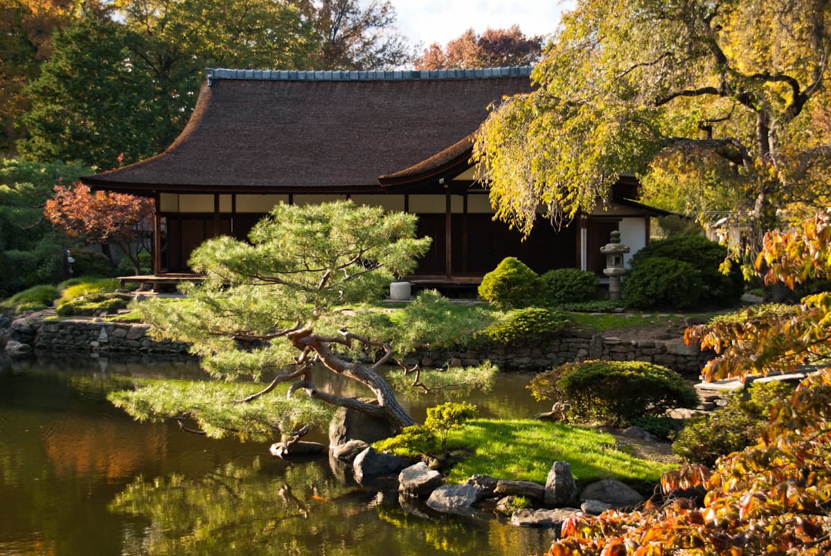 Shofuso Japanese House and Garden in West Fairmount Park — the shoin-zukuri house among its pines.