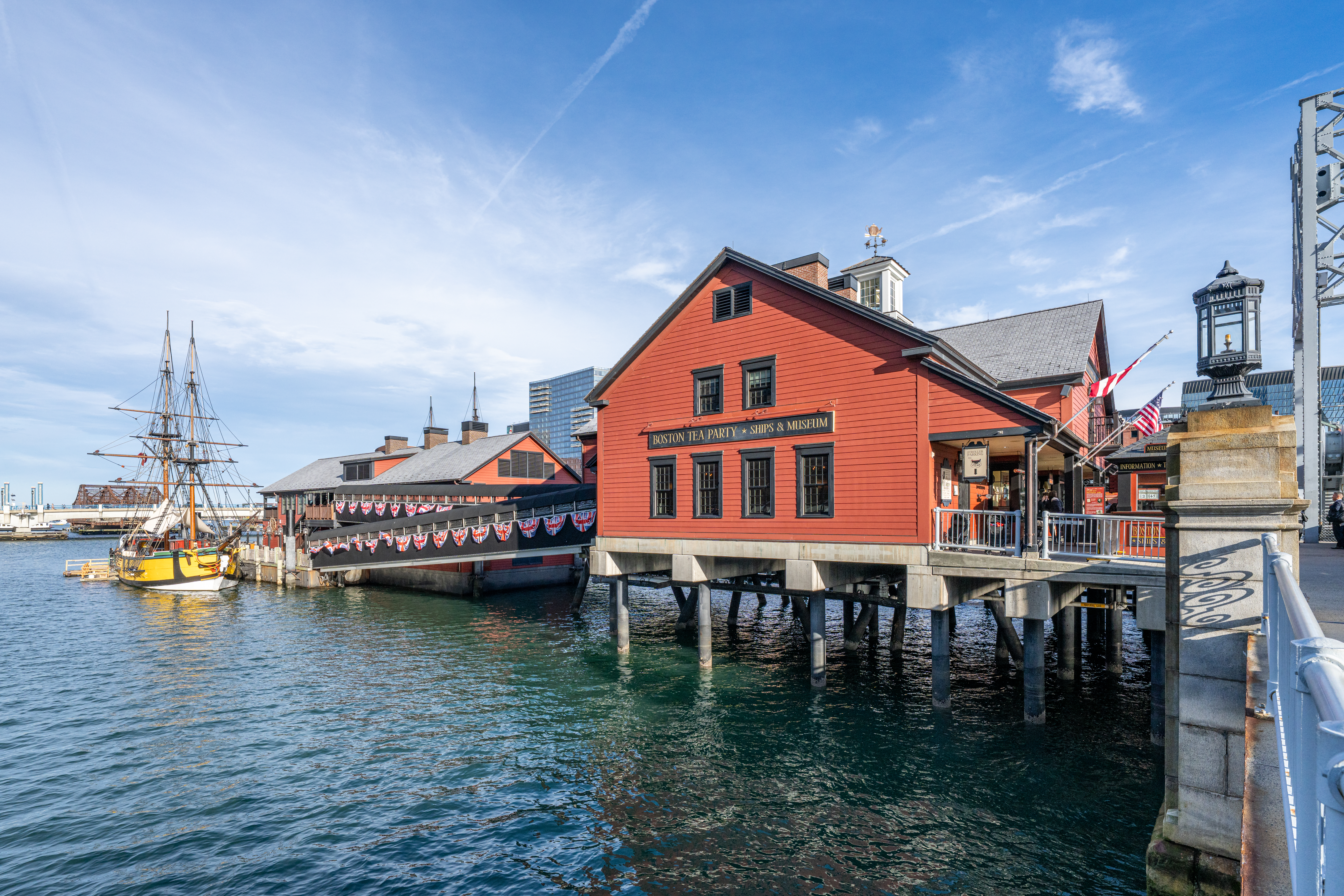 Boston Tea Party Ships & Museum building and replica ships moored on Fort Point Channel at the Congress Street Bridge