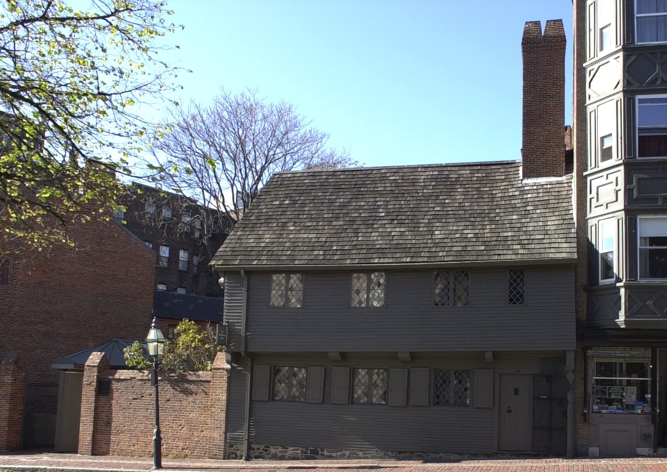 The Paul Revere House on North Square in Boston's North End, its overhanging second story and timber-frame facade facing the square.