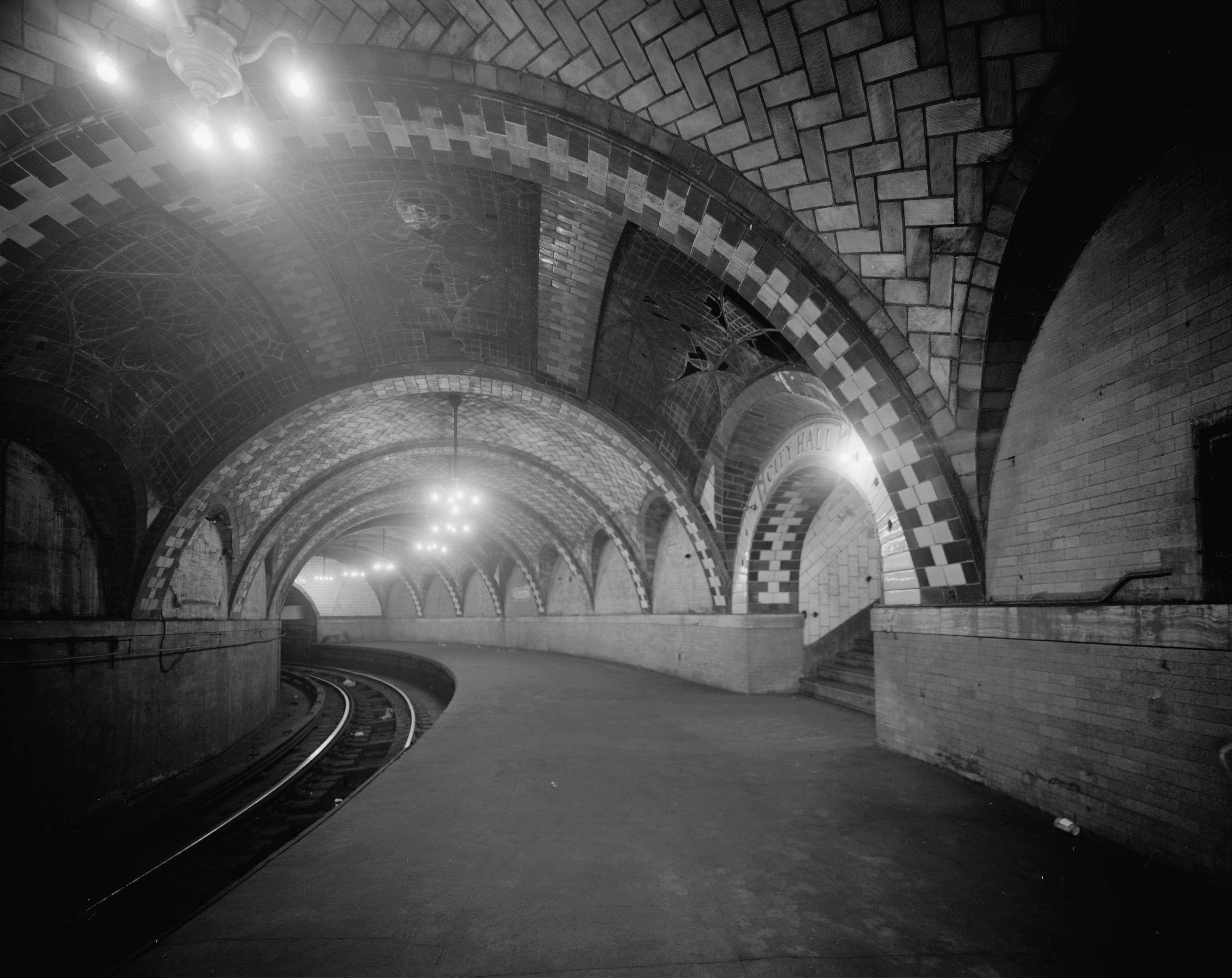 Tile-vaulted ceiling and curved platform of the abandoned City Hall subway station