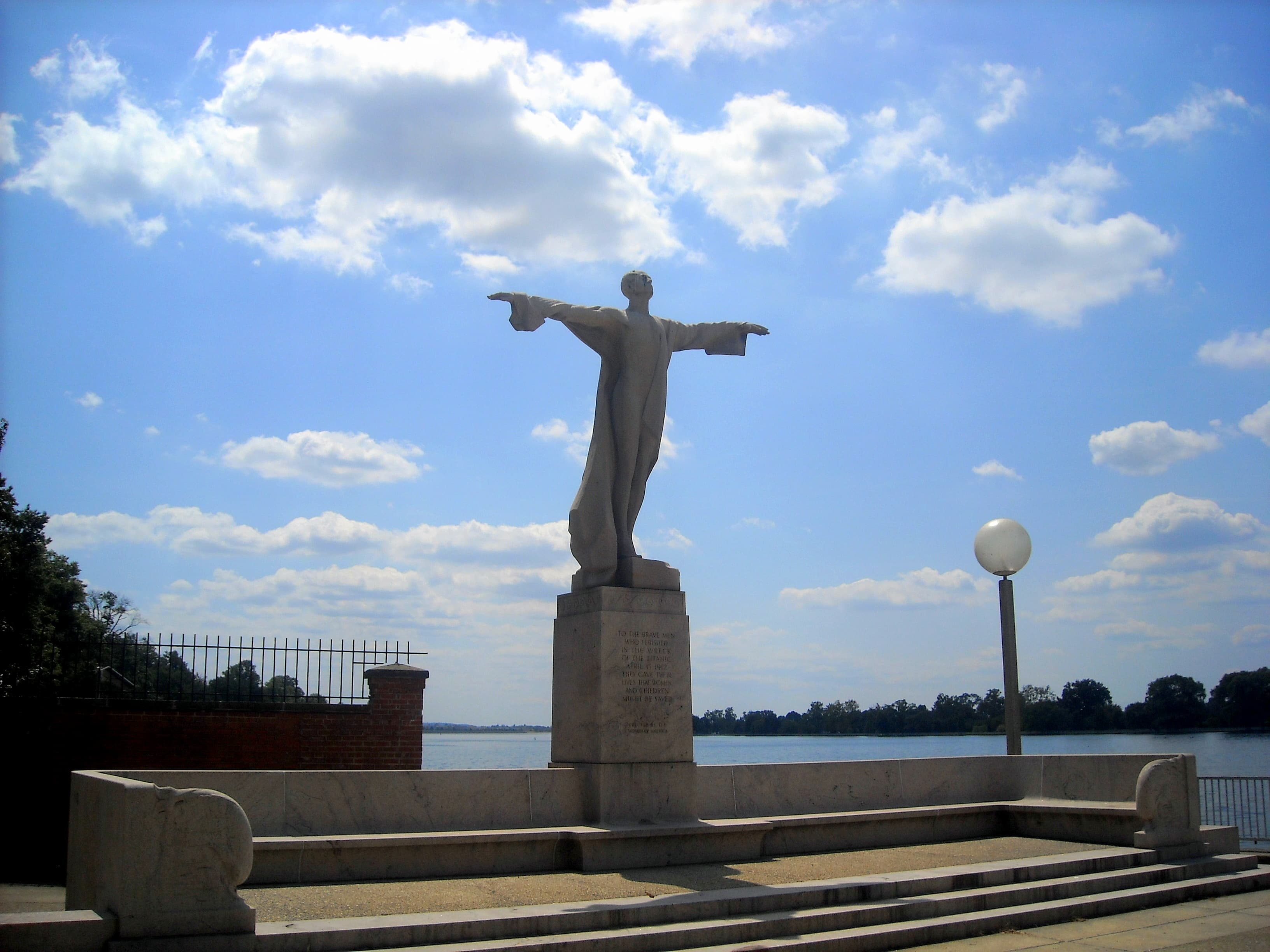 The Titanic Memorial on the Southwest Waterfront — Gertrude Vanderbilt Whitney's pink granite figure with arms outstretched, on Henry Bacon's exedra above the Washington Channel.