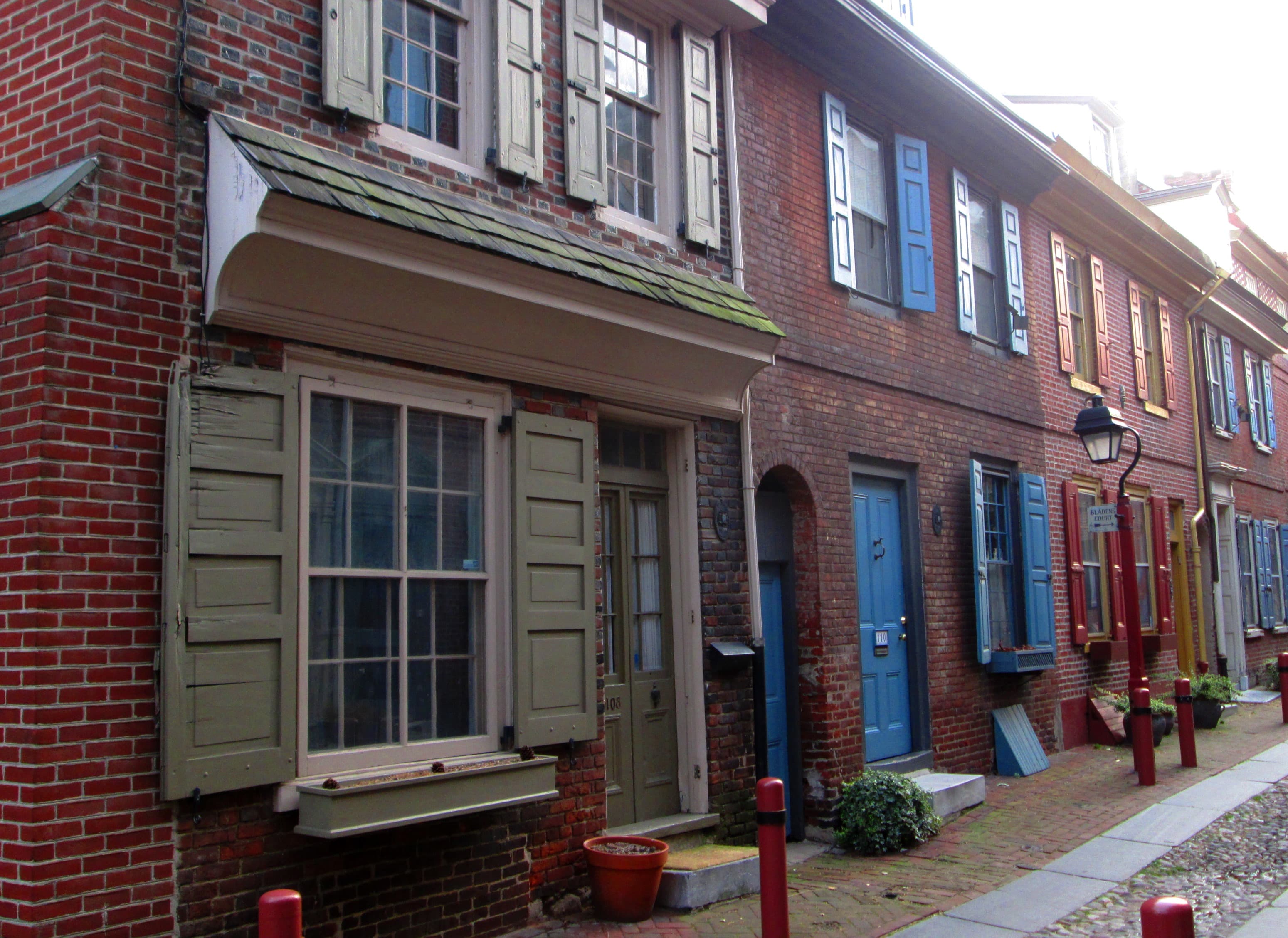 Looking down Elfreth's Alley from North Front Street — the south-side row of 18th-century houses