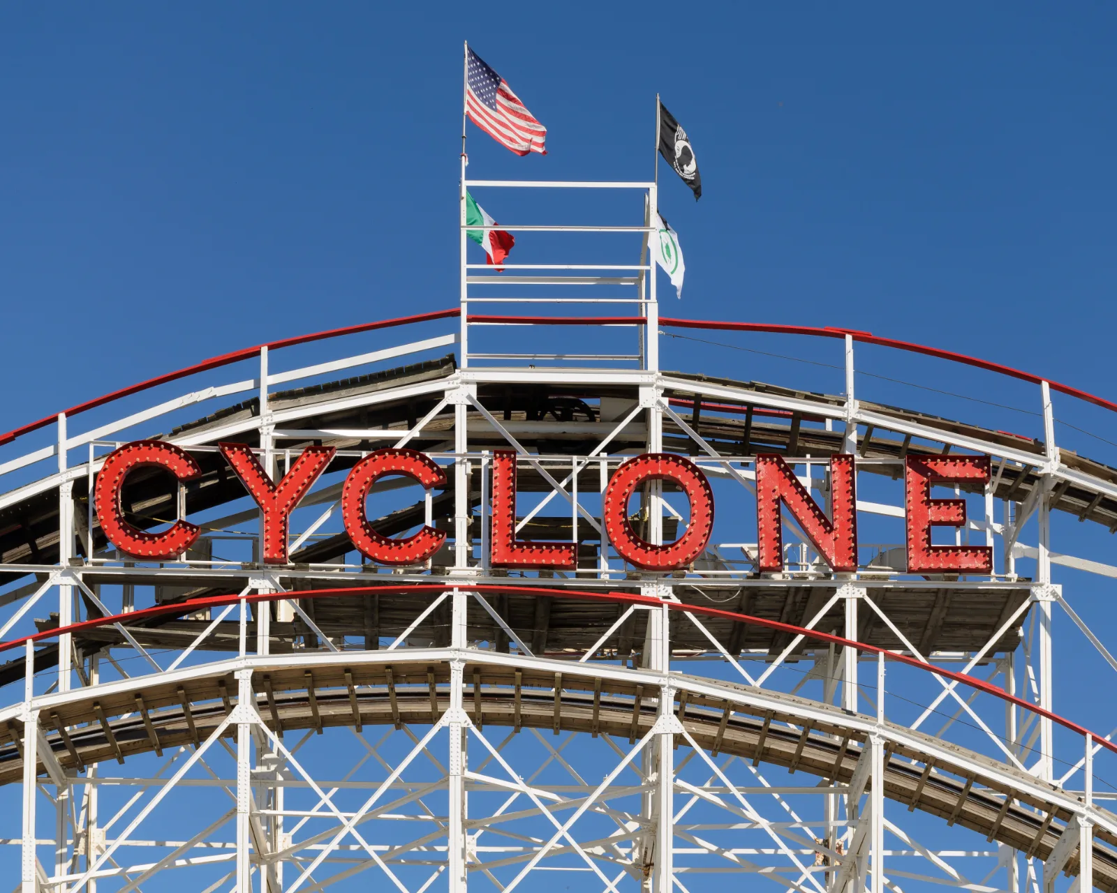 Cyclone roller coaster sign and structural framework at Coney Island, photographed in September 2016